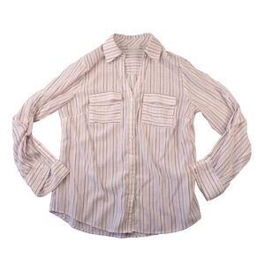 New York & Company Blouse Womens Sz L Semi Sheer Button Tab Long Sleeve